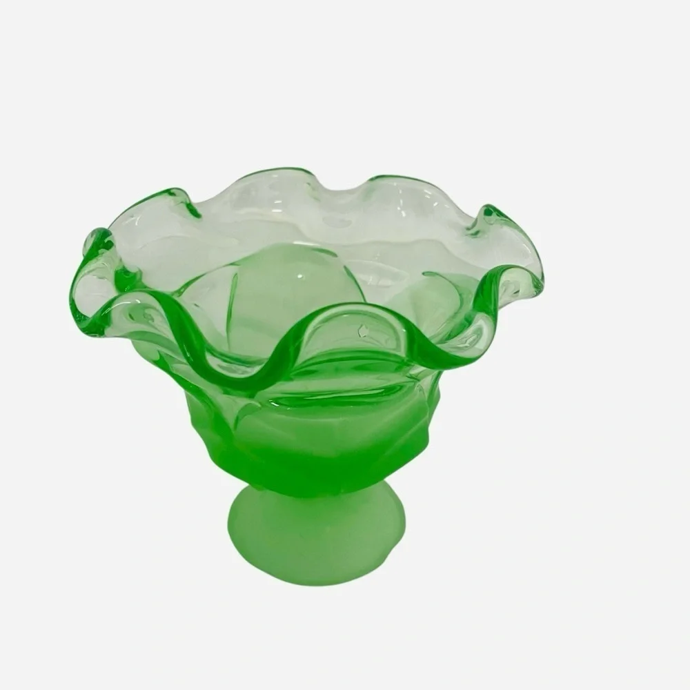 Viking Glass Cabbage Leaf Lime Green Compote Dish Vintage 5.25